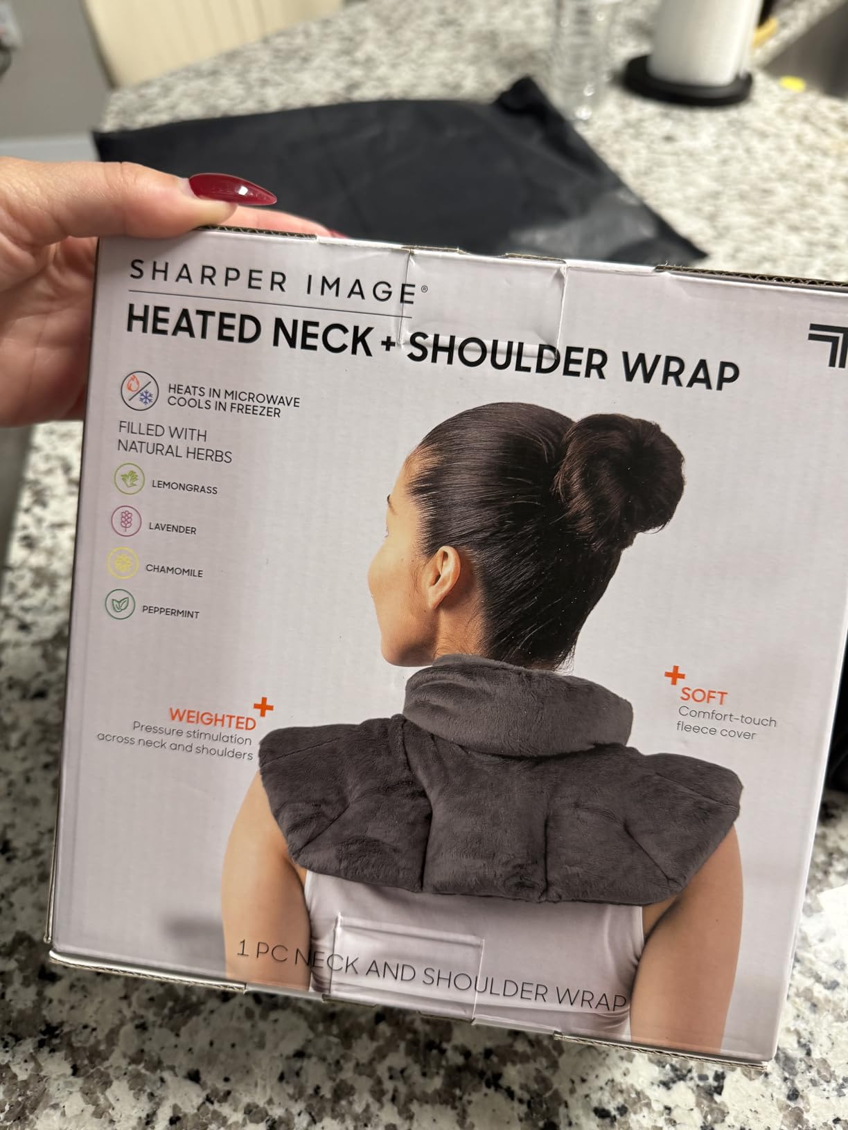 Sharper Image Heated Neck & Shoulder Wrap - Microwavable Warm & Cooling Plush Pad, Scented Aromatherapy (100% Natural Lavender & Herb Spa Blend), Pain Tension Headache Relief Therapy, Gift for Women customer photo 2