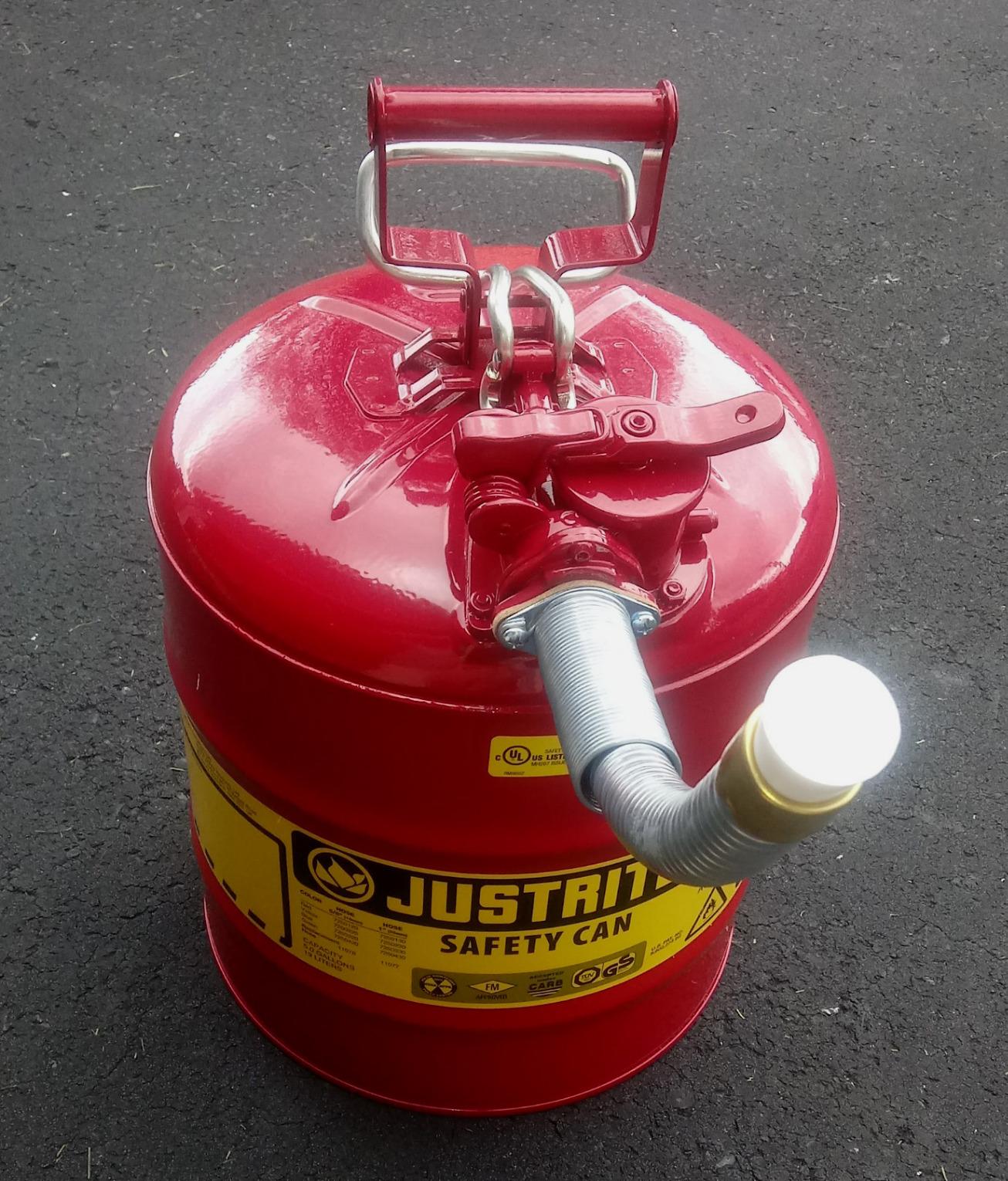 Justrite Type II Gasoline Safety Can, Red Galvanized Steel, FM Approved | Flammable Liquid Storage Can with Controlled Pouring, 5 Gallon Capacity, 1