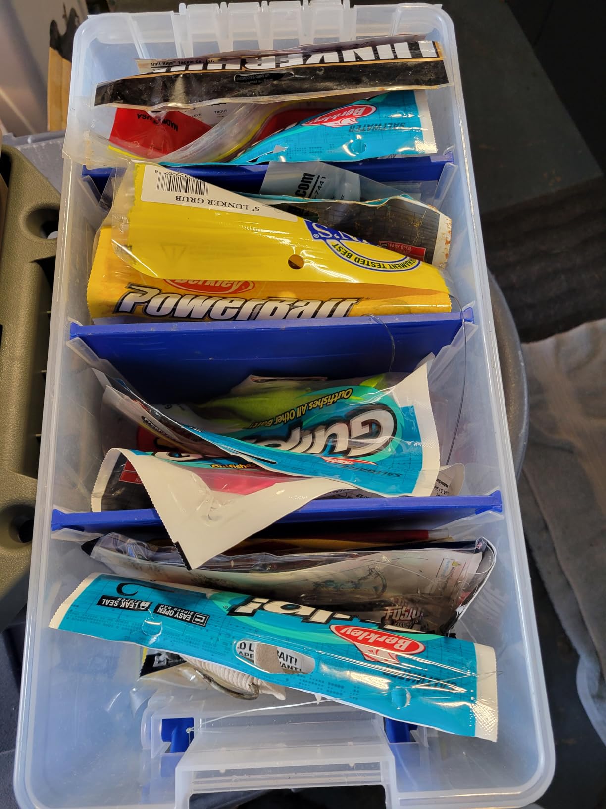 Flambeau Outdoors Super Half Satchel Soft Bait Organizer, Zerust, Clear | Organizes soft bait packages upright in 4 compartments with 3 Zerust dividers. Translucent lid and base, clear customer photo 2