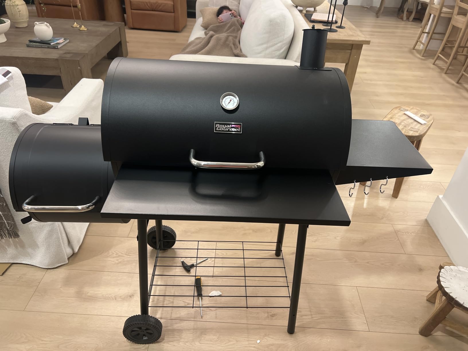 Royal Gourmet CC1830S BBQ Charcoal Grill and Offset Smoker, Outdoor Camping | 823 Square Inch Barrel Barbecue Grill, Front and Side Table, Adjustable Charcoal Pan, Side Door, Lid Thermometer | Black customer photo 1