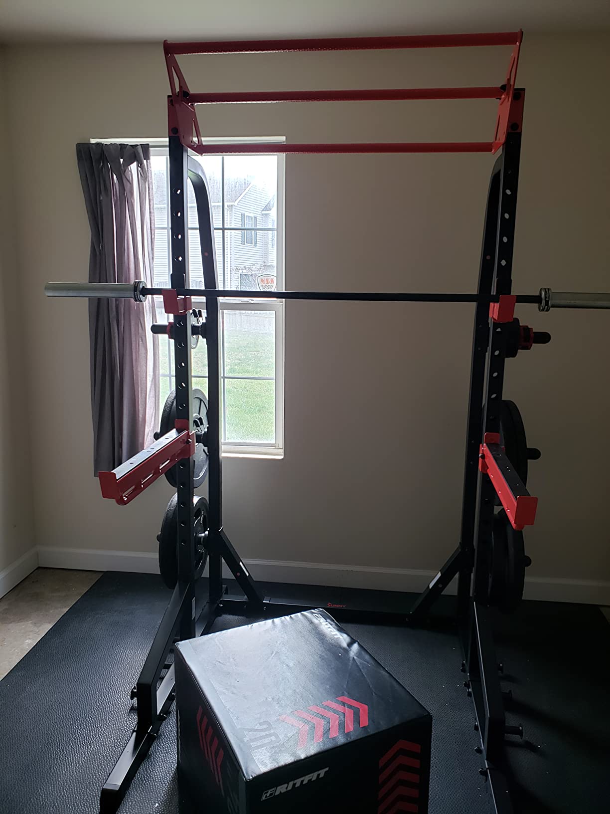 Sunny Health & Fitness Power Zone Half Rack Heavy Duty Performance Power Cage with J-Hooks, Adjustable Pull Up Bar Optional Bench with Dumbbell Rack, Premium Incline Bench, LAT Pull Down Attachment customer photo 1