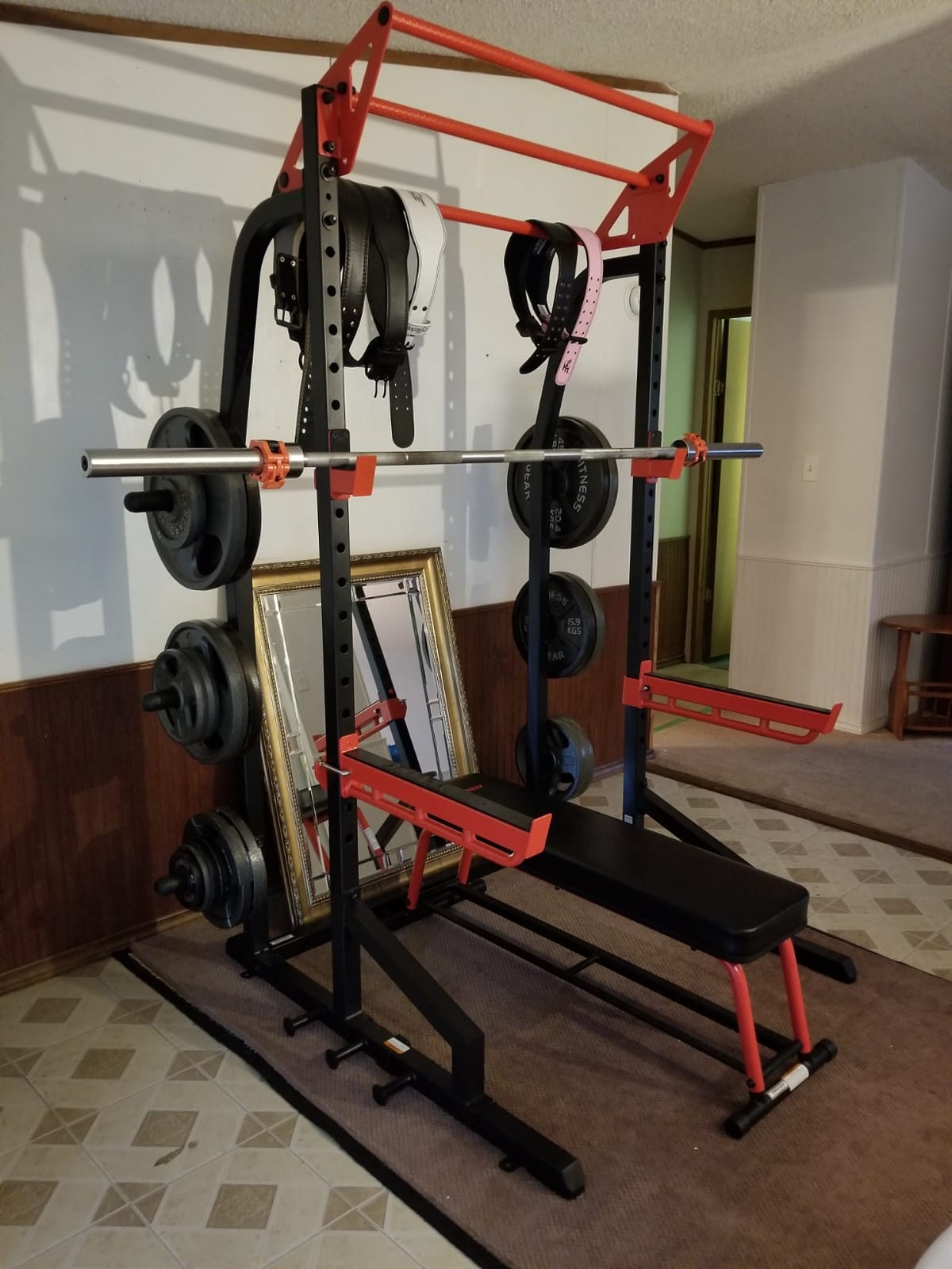 Sunny Health & Fitness Power Zone Half Rack Heavy Duty Performance Power Cage with J-Hooks, Adjustable Pull Up Bar Optional Bench with Dumbbell Rack, Premium Incline Bench, LAT Pull Down Attachment customer photo 2