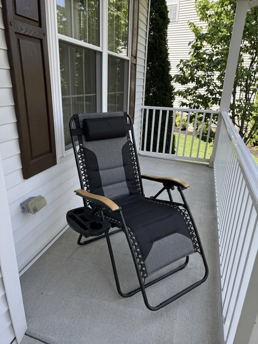 PHI VILLA XXL Padded Zero Gravity Chair, Cup Holder, Black | Foldable Patio Recliner, 30