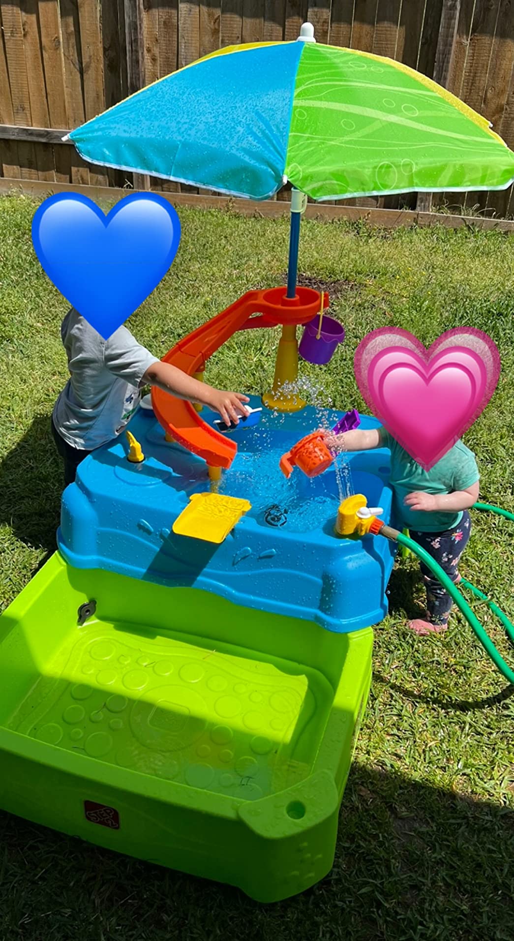 Step2 Waterpark Wonders Two Tier Water Table, Kids Water Activity Sensory Playset with Umbrella, Garden Hose Sprinkler Attachment, 11 Piece Accessories, Outdoor Summer Toy, Ages 18 Months+, Blue customer photo 1