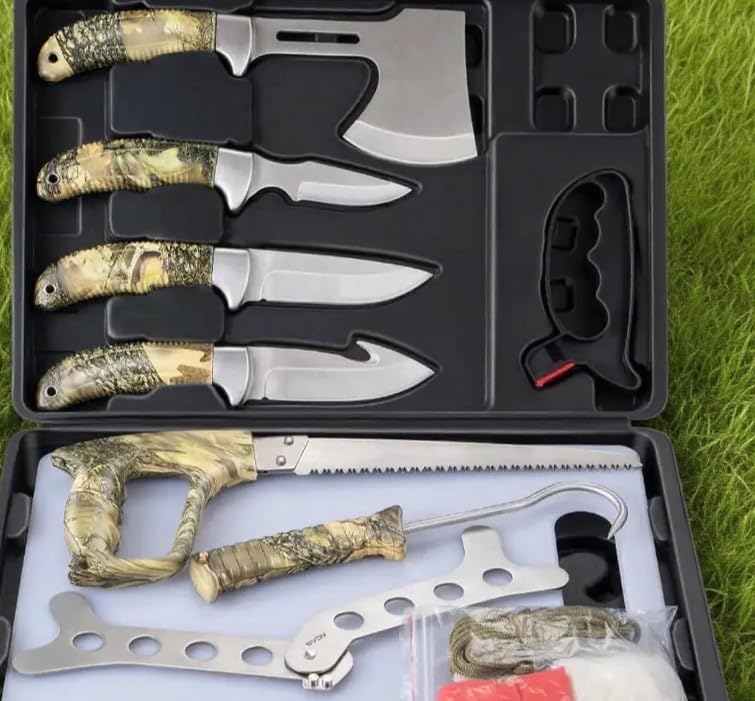 GVDV 14 Piece Hunting Knife Set, Field Dressing Game Processing Kit for Men | Complete butcher gear kit, hunting accessory as Christmas gift for hunters, Includes axe, gut-hook skinner, ribcage spreader customer photo 1