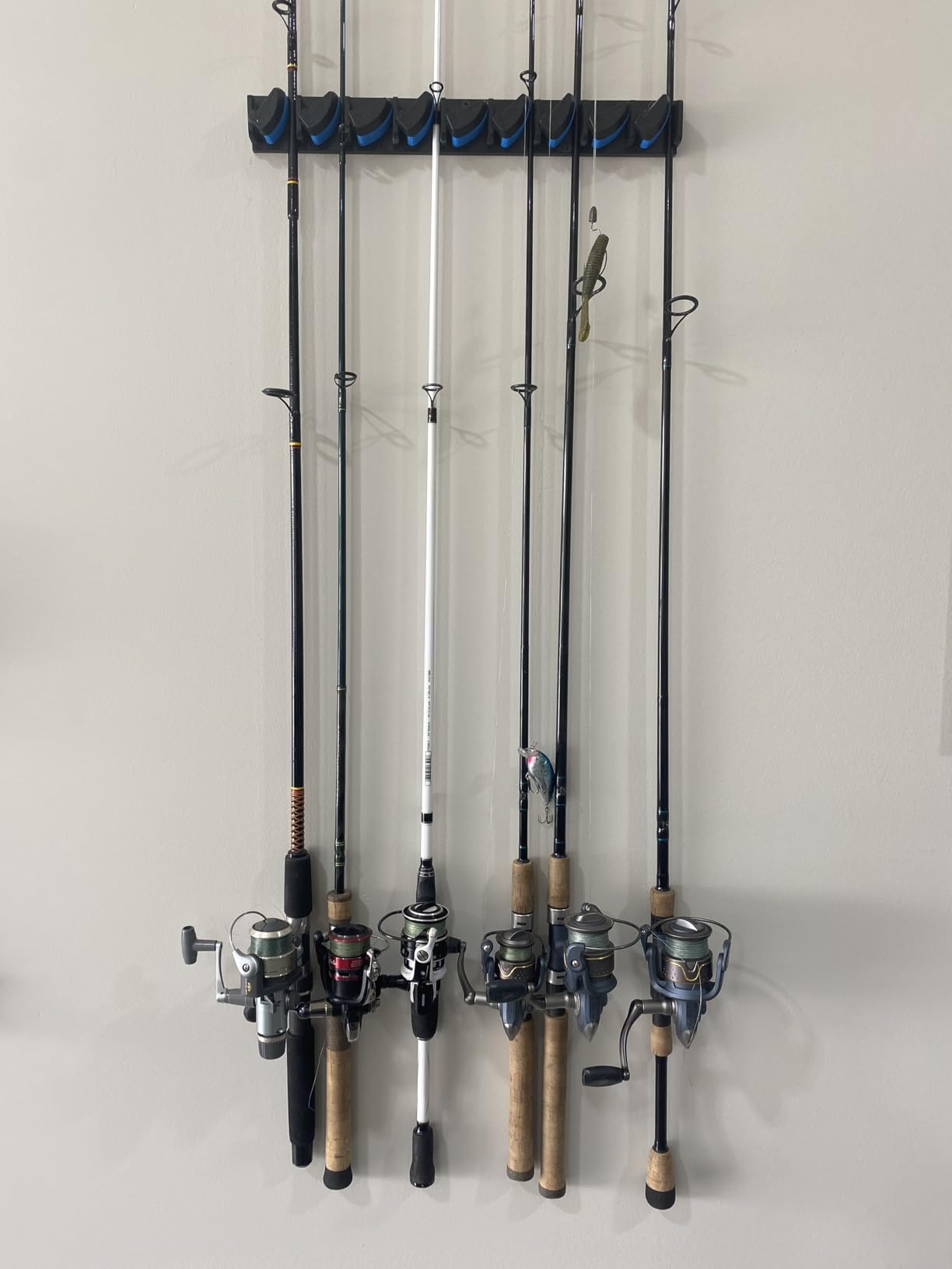 PLUSINNO V9 Vertical Fishing Rod Holder, Wall Mounted Fishing Rod Rack, Fishing Pole Holder Holds Up to 9 Rods or Combos, Fishing Rod Holders for Garage, Fishing Gear and fishing Gifts for Men customer photo 1
