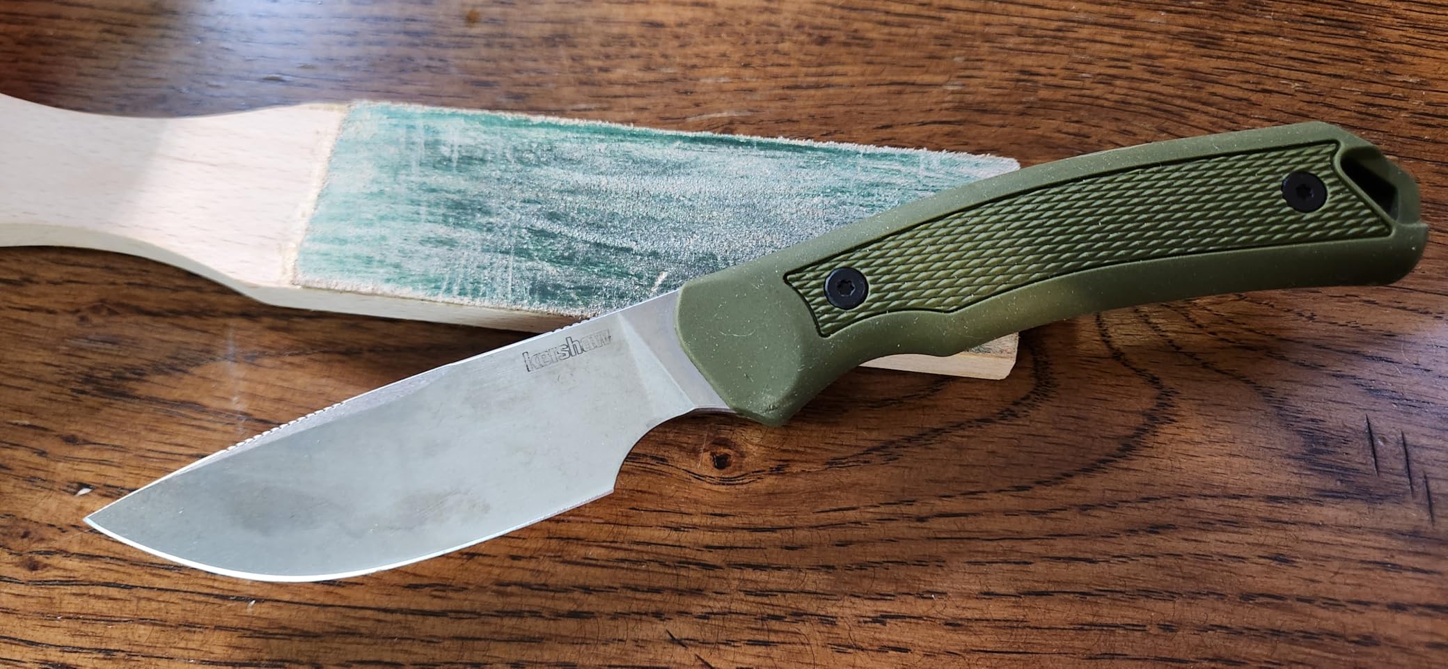 Kershaw Deschutes Skinner Fixed Blade Knife, Olive | 3.9 Inch D2 Steel Fixed Drop Point Blade, Full Tang Design, EDC, Molded Sheath, Everyday Carry for Men and Women customer photo 1