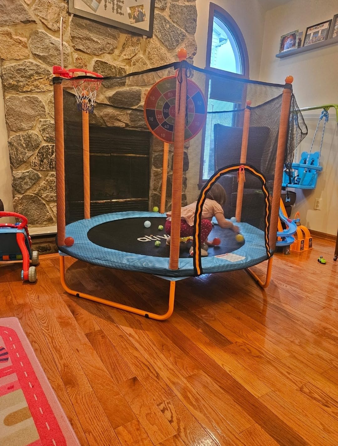 Ativafit 60'' Rebounder Trampoline Indoor Outdoor for Kids Ages 1-8, 5 FT Recreational Toddler Trampoline with Safety Enclosure Net Gifts with Basketball Hoop Dartboard Ocean Bal customer photo 2