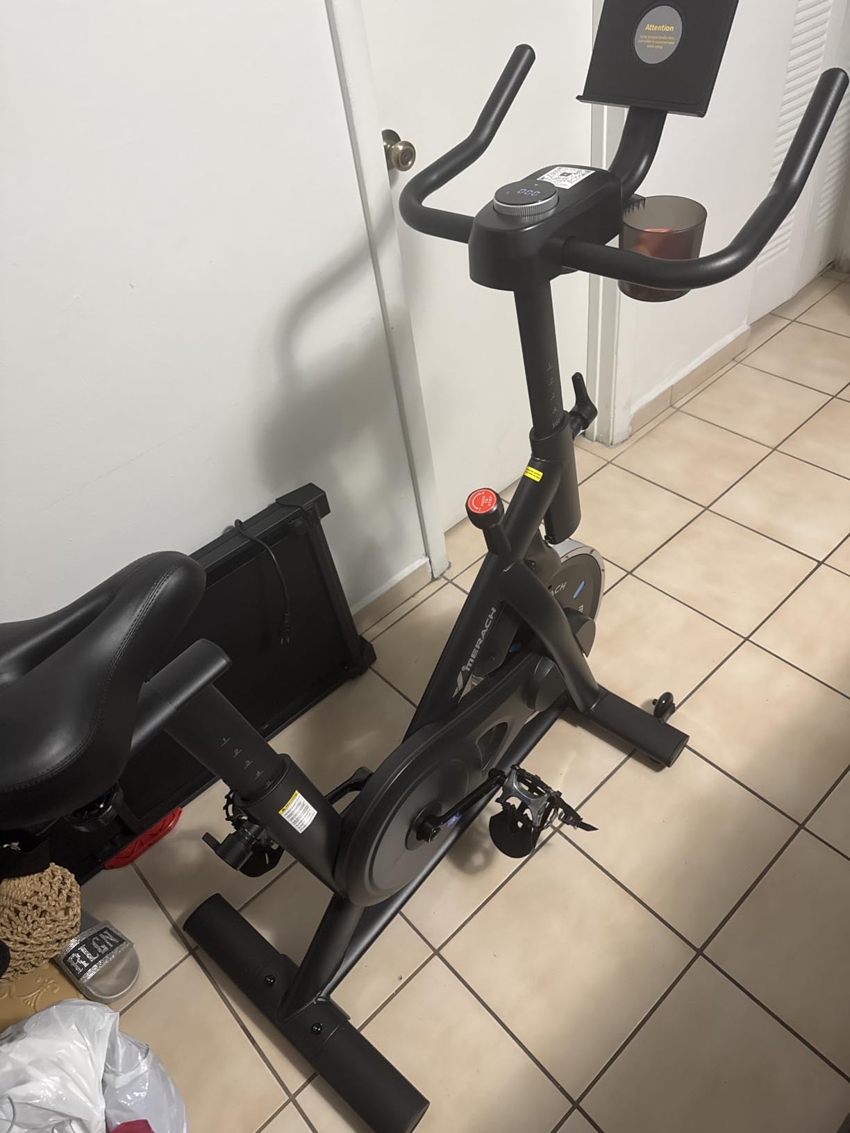 MERACH Exercise Bike, Magnetic Friction Stationary Bike with Brake Pad and Exclusive App, Low Noise Indoor Cycling Bike with 300lbs Weight Capacity, Tablet Mount and Fitness Courses for Weight Loss customer photo 2