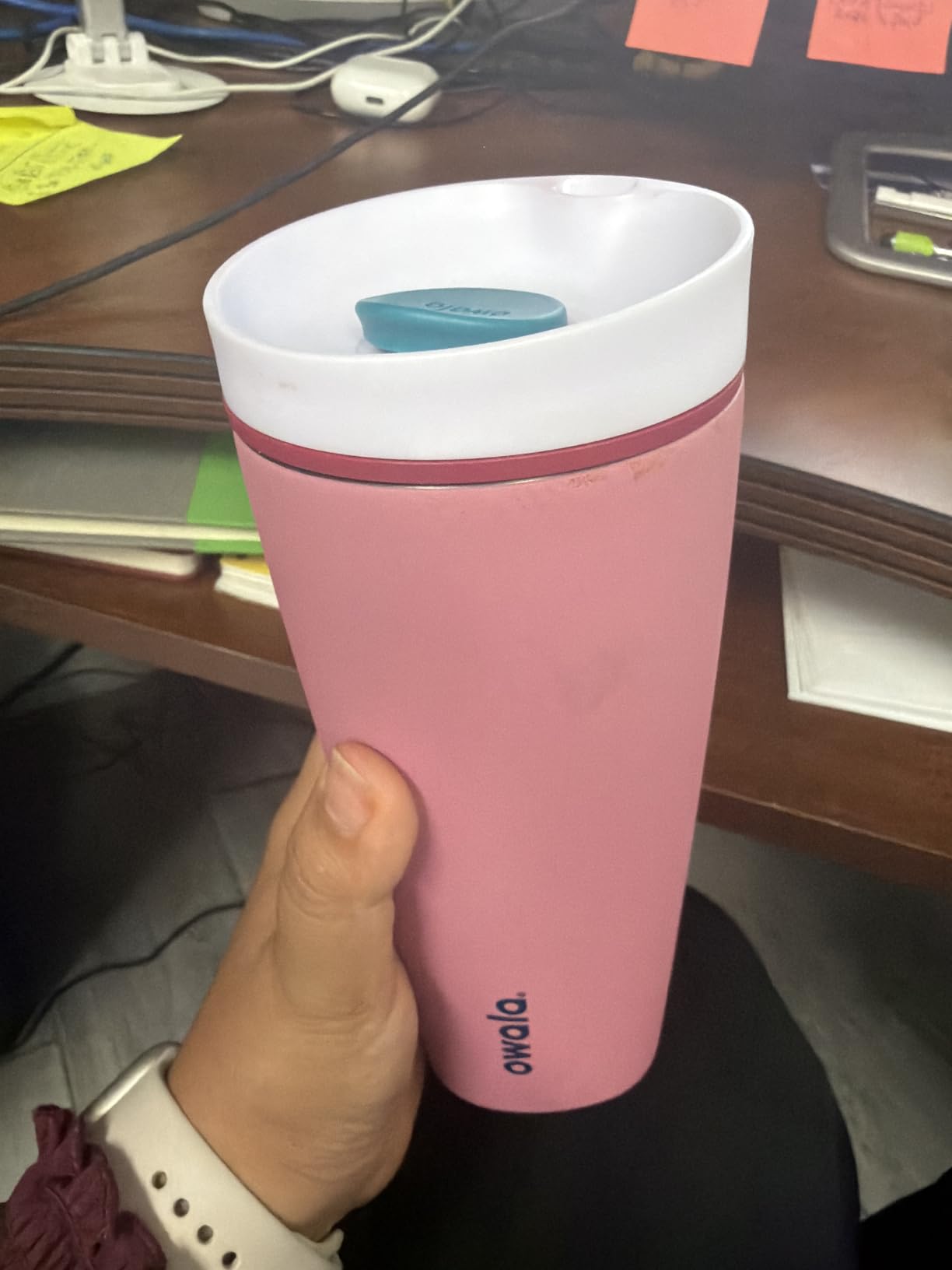 Owala SmoothSip Slider Insulated Stainless Steel Coffee Tumbler, Reusable Iced Coffee Cup, Hot Coffee Travel Mug, BPA Free 20 oz, Grey/Blue (High Dive) customer photo 2