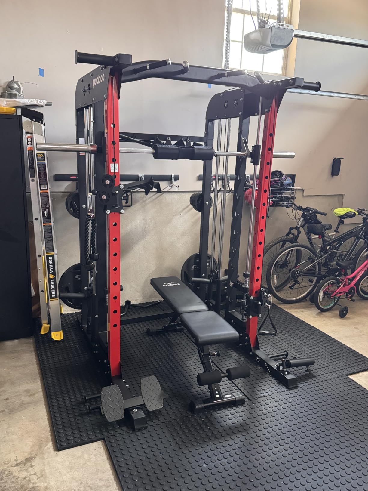 pooboo Power Cage Smith Machine with 2000LB Squat Rack Cable System | LAT Pulldown and Dual Pulley Cable Crossover with All-in-One Home Gym Machine, Adjustable Stations and Training Attachments customer photo 1