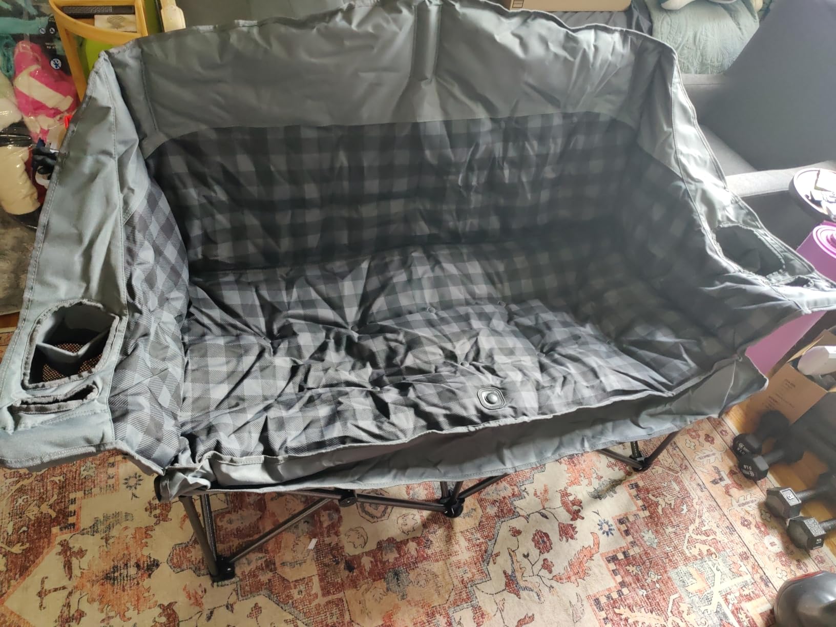 Padded Double Camping Chair Loveseat Couch with 2 in 1 Carry Bag, Gray | Oversized 2 Person Camping Chairs Heavy Duty Folding Camp Lawn Sofa with Cup Holders for Adults, 900 LBS customer photo 2