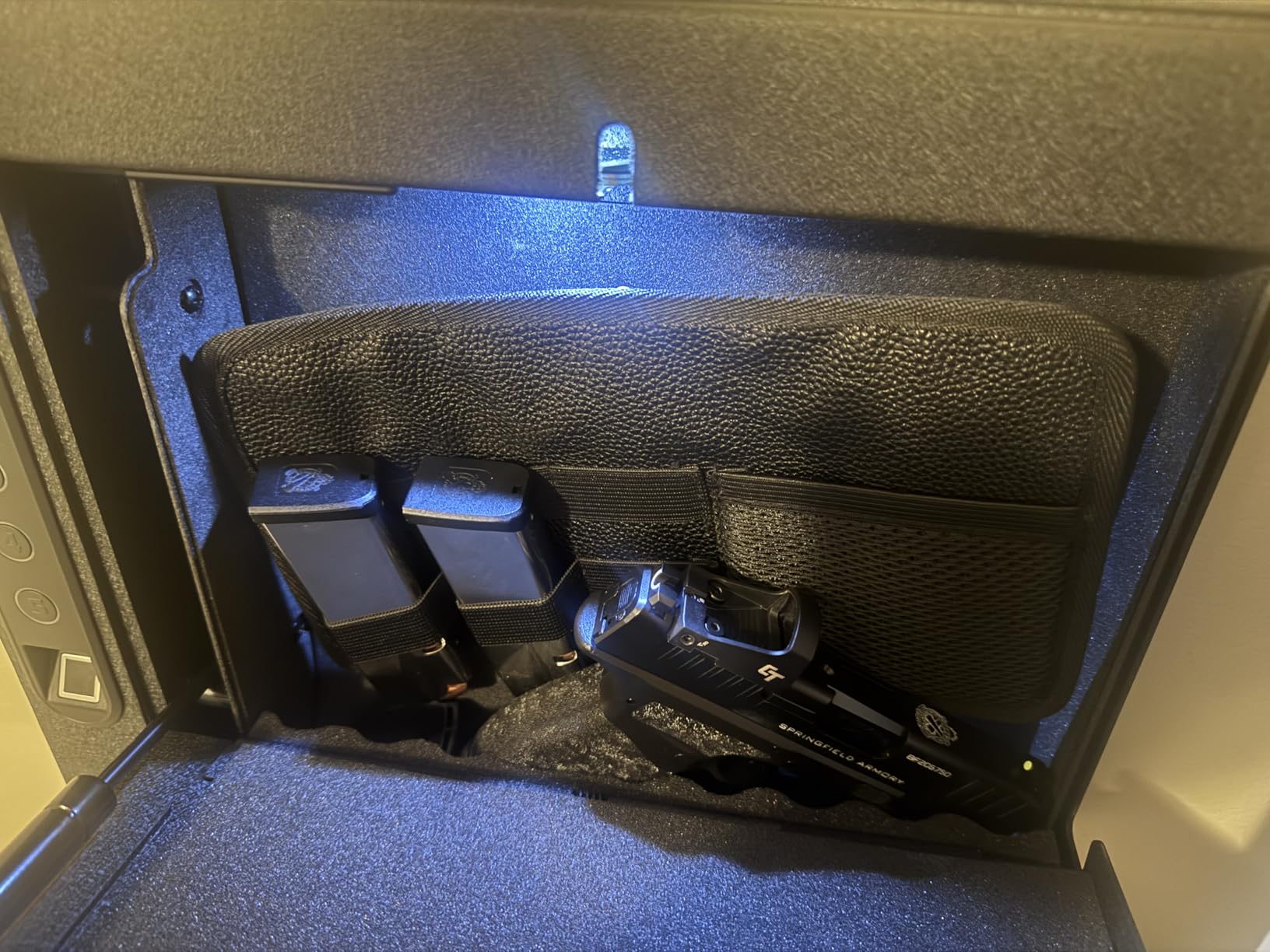 XDeer Biometric Wall Safe without Gas Strut for Quick Access - Small Hidden Storage for Full-Size Handgun, LED Light, Silent Mode, Backlit Digital Keypad S008 customer photo 1