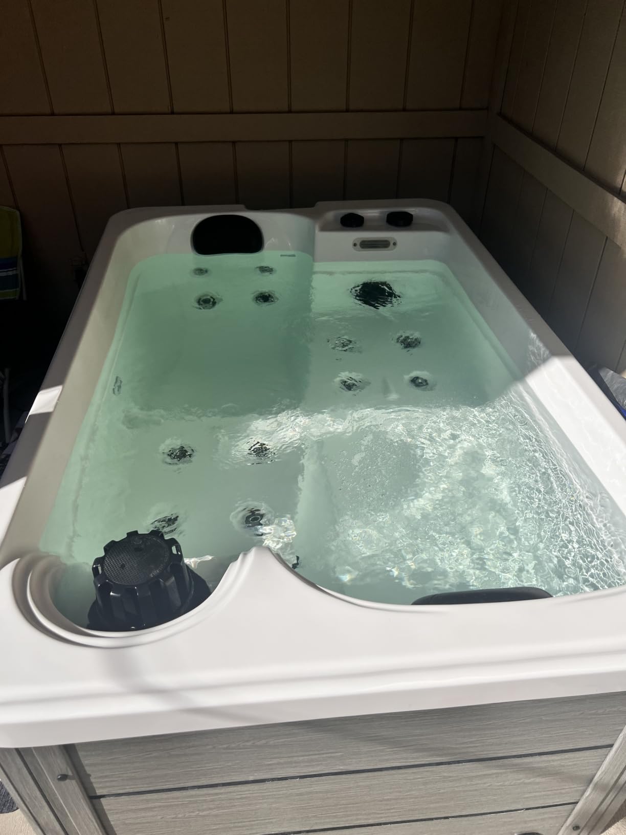 Jocisland 2 Person Outdoor Hot Tub with 15 Stainless Steel Jets, 110V Acrylic Plug & Play Hot Tub with LED Lights & Waterfall, Double Lounger Seat Spa with Cover, 2 Filters & 2HP Pump, Charcoal Gray customer photo 1
