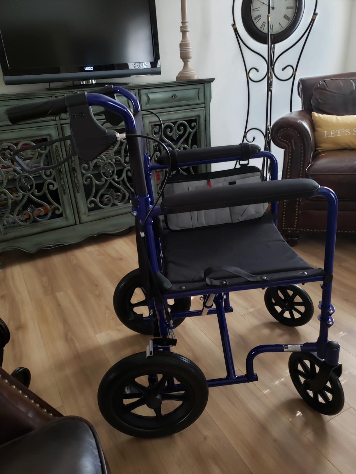 Medline Lightweight Foldable Transport Wheelchair with Handbrakes and 12-Inch Wheels, Blue Frame, Black Upholstery customer photo 1