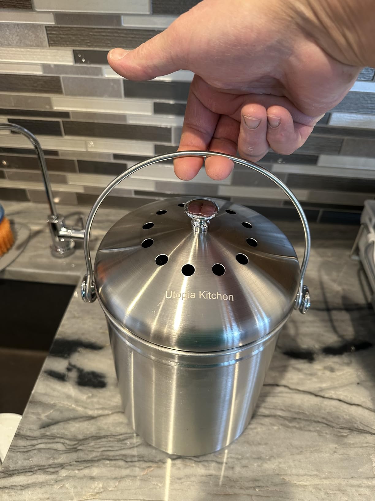 Utopia Kitchen Countertop Compost Bin 1.3 Gallon, Stainless Steel, Silver | Odorless countertop compost bin with charcoal filter, ideal for food scraps and waste customer photo 1