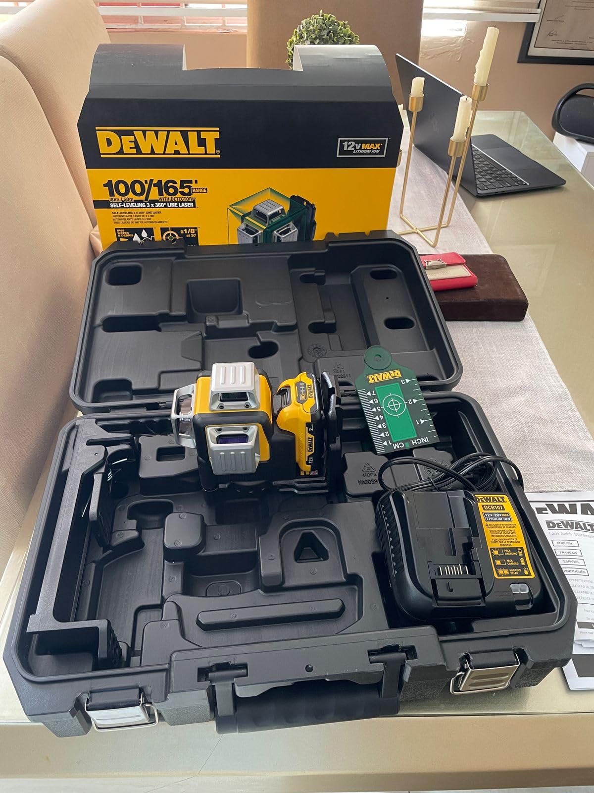 DEWALT Laser Level 360 Self Leveling, 3 Way Green Laser Leveler Tool 12V MAX with 2.0Ah Battery, Charger and Durable Carrying Case, 100 Ft, Tripod Compatible (DW089LG) customer photo 2
