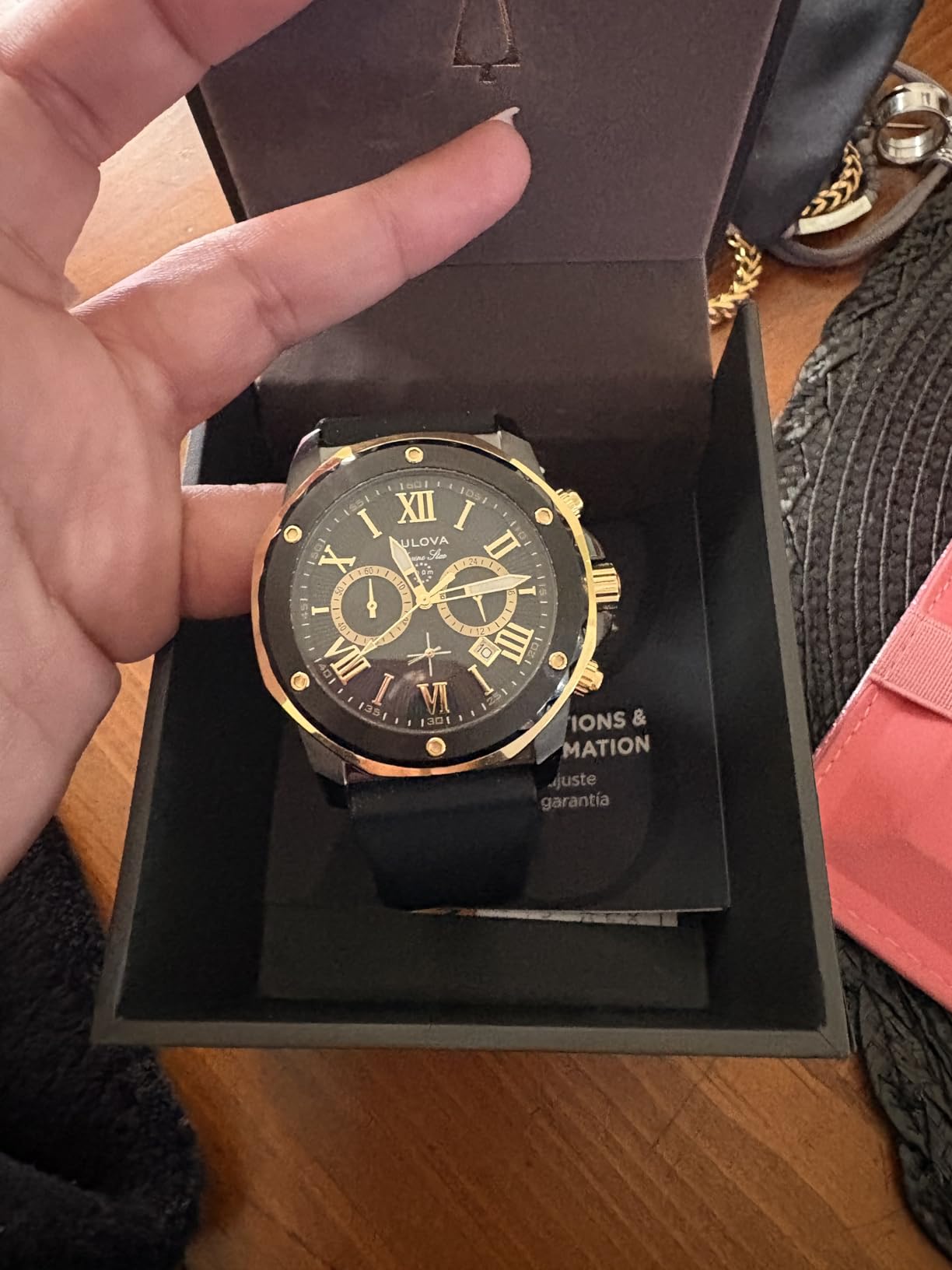 Bulova Men's Marine Star Series A Black and Rose Gold Ion-Plated Stainless Steel 6-Hand Chronograph Quartz Watch, Black Silicone Strap Style: 98B278 customer photo 2