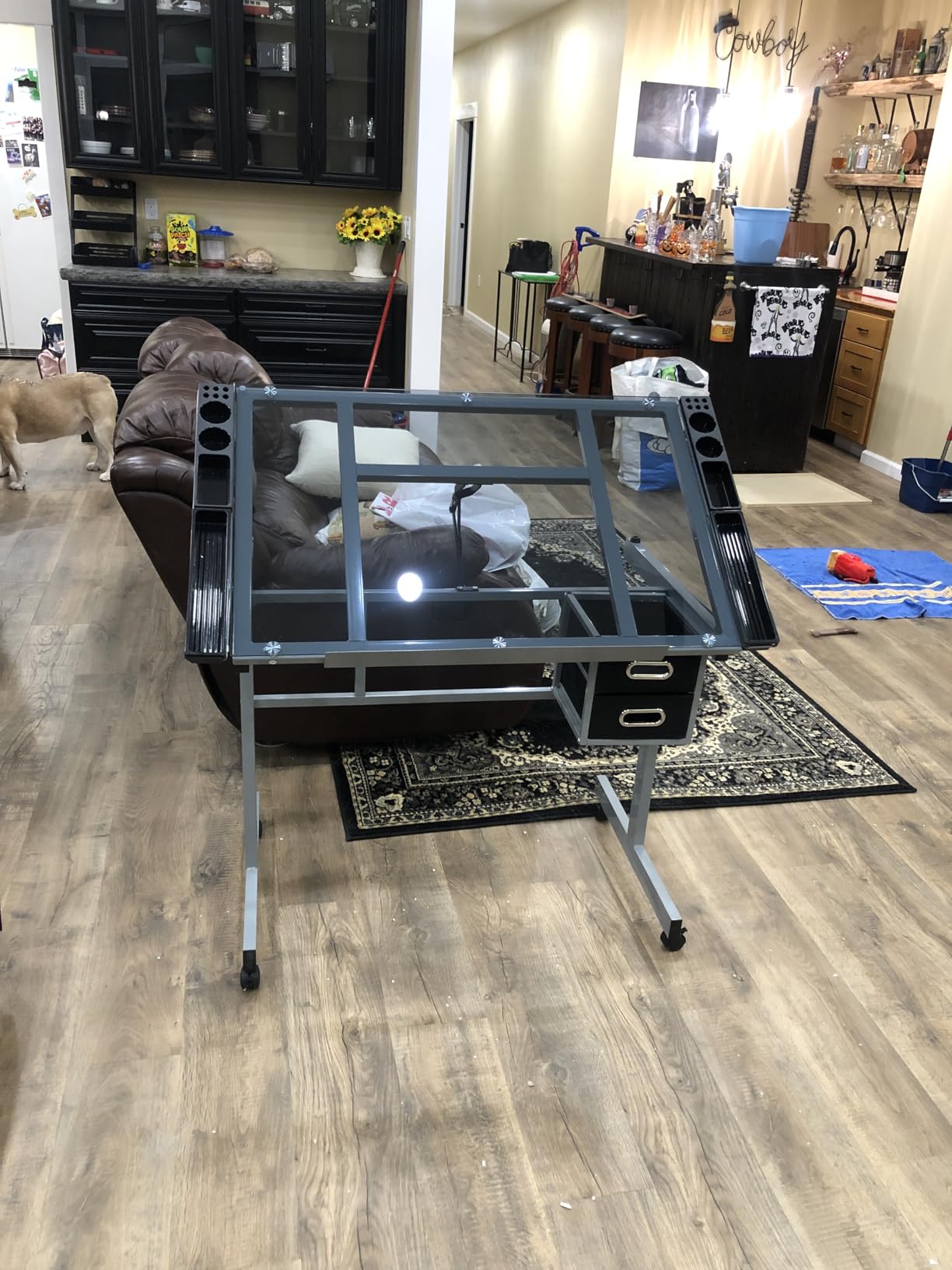 Yaheetech Glass Drafting Table with Storage, Adjustable Art Drawing Desk | Tempered glass top on a steel frame tilts 0-60° for drawing, tracing, or diamond art, plus two fabric drawers and side trays. customer photo 1