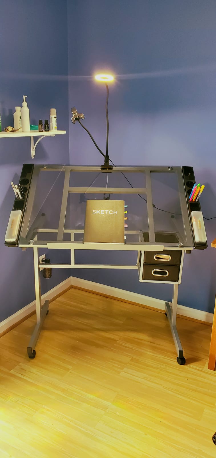 Yaheetech Glass Drafting Table with Storage, Adjustable Art Drawing Desk | Tempered glass top on a steel frame tilts 0-60° for drawing, tracing, or diamond art, plus two fabric drawers and side trays. customer photo 2