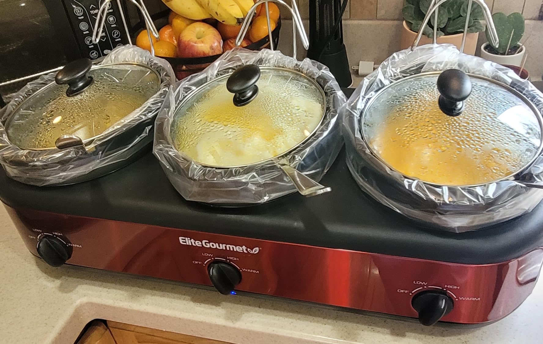 Elite Gourmet EWMST-325R Triple Slow Cooker Buffet Server, 3 x 2.5 Qt, Red customer photo 2
