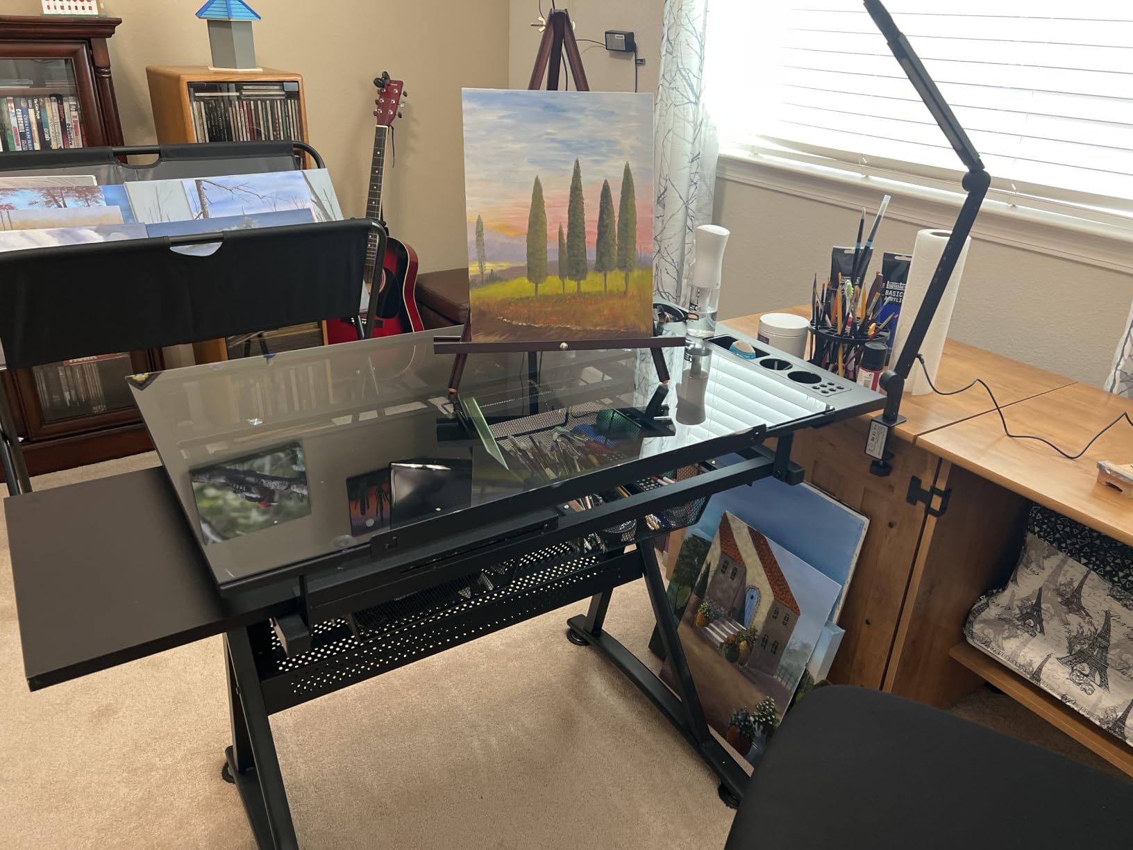 Yaheetech Adjustable Drafting Table & Stool, Tilting Glass Art Desk, Black customer photo 2