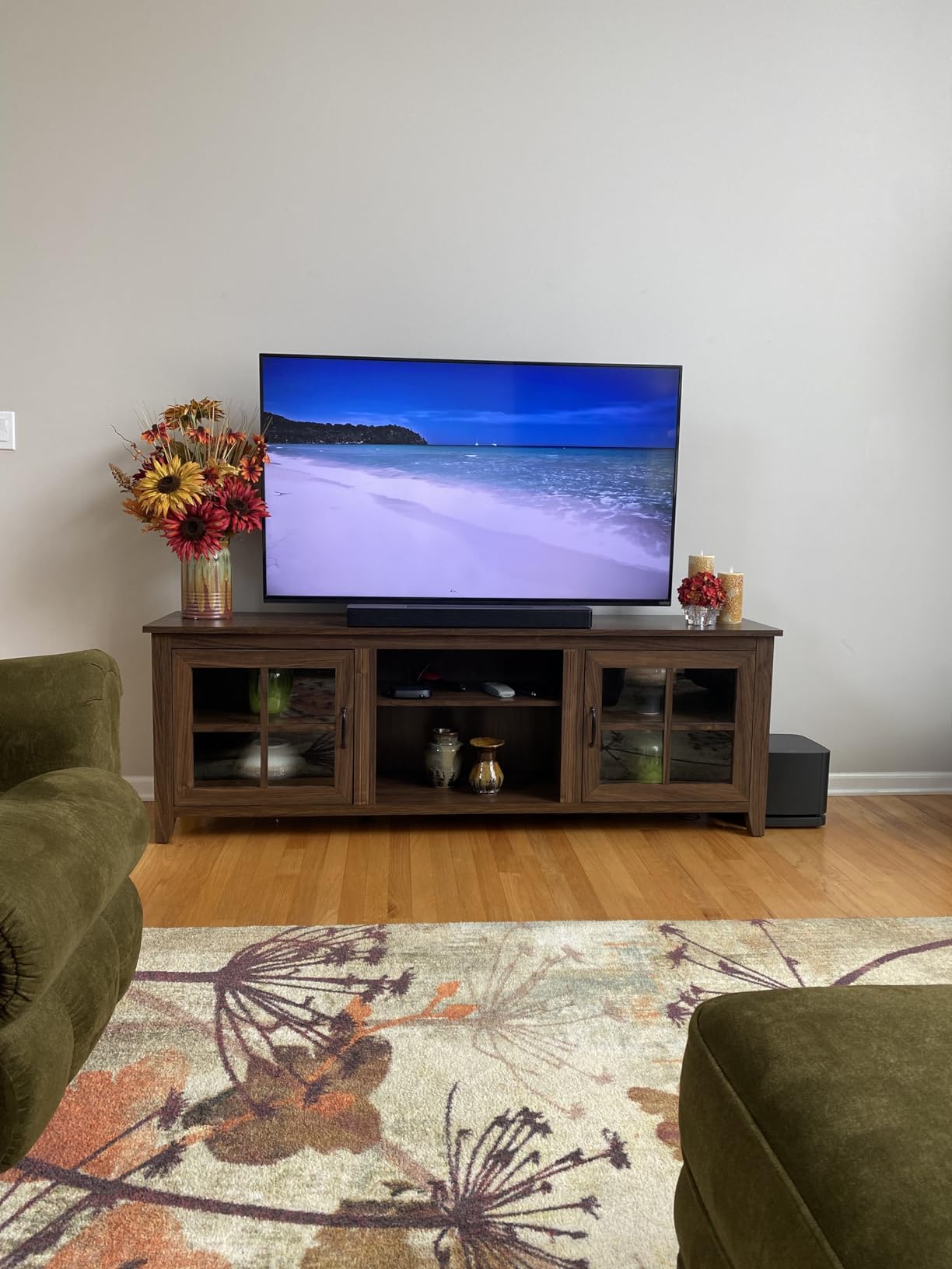 Walker Edison Portsmouth Classic 2 Glass Door TV Stand for TVs up to 80 Inches, 70 Inch, Dark Walnut customer photo 1