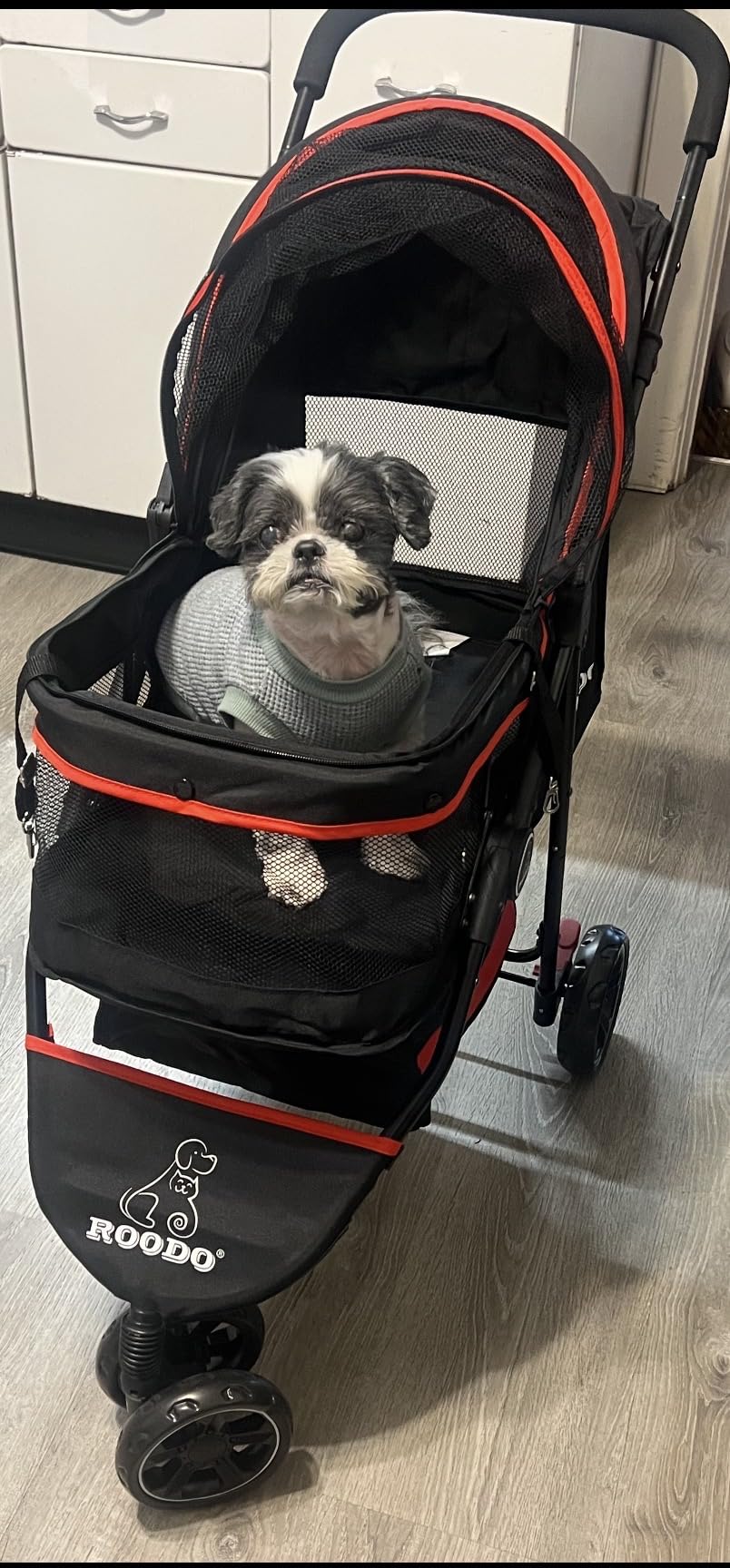 ROODO Escort 3 Wheel Dog Cat Pet Stroller for Small/Medium Dogs Cats Best Lightweight Foldable Portable Compact Jogger Travel All Terrain Pet Gear System Puppy Doggie Bunny Kitty Stroller(Black) customer photo 2