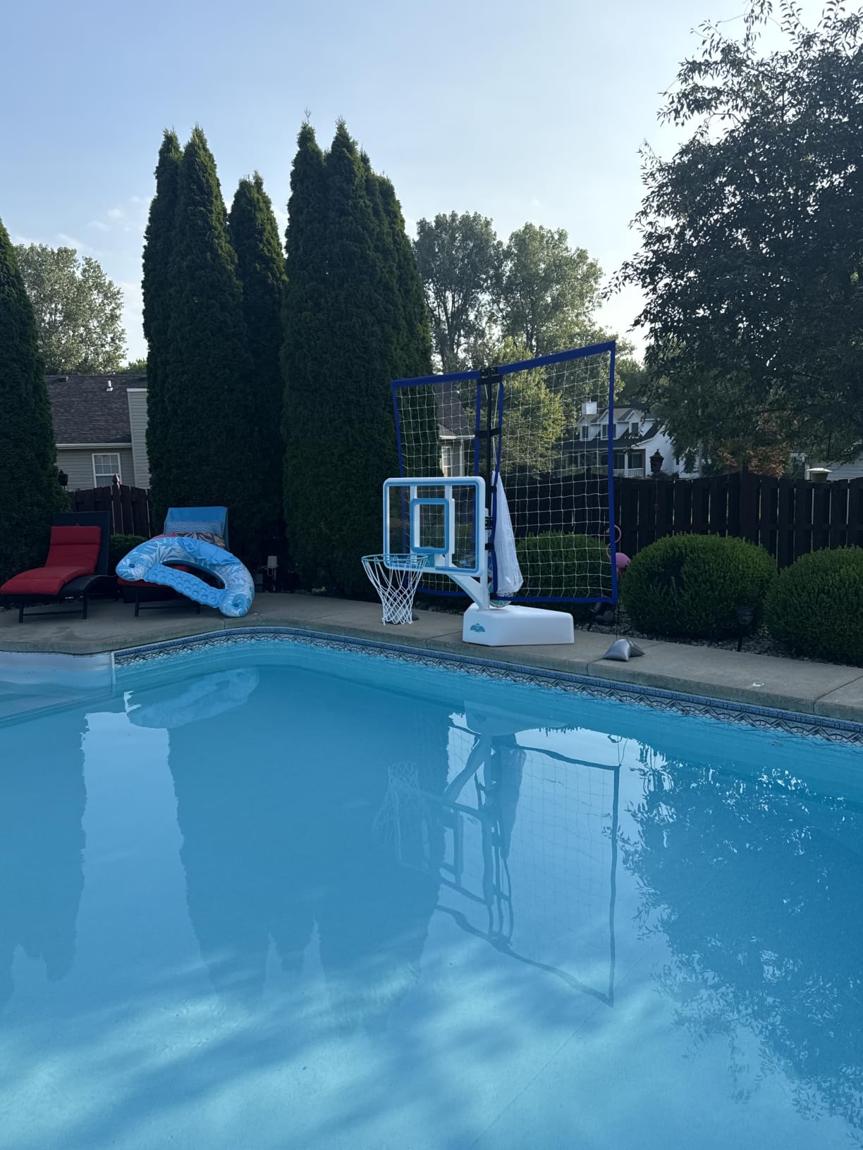 Dunn-Rite Splash & Shoot Pool Basketball Hoop, Adjustable Height Backboard – 200lbs Water-Filled Base, Stainless Steel Rim & Waterproof Basketball, Made in USA, Clear Aqua customer photo 1