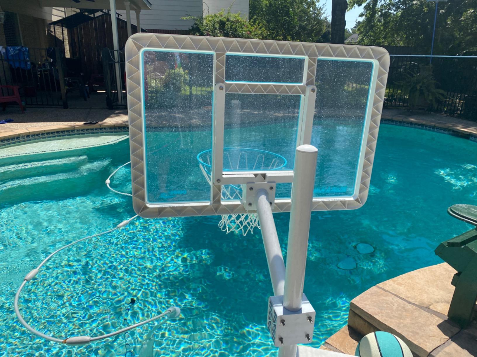 Dunn-Rite Splash & Shoot Pool Basketball Hoop, Adjustable Height Backboard – 200lbs Water-Filled Base, Stainless Steel Rim & Waterproof Basketball, Made in USA, Clear Aqua customer photo 2