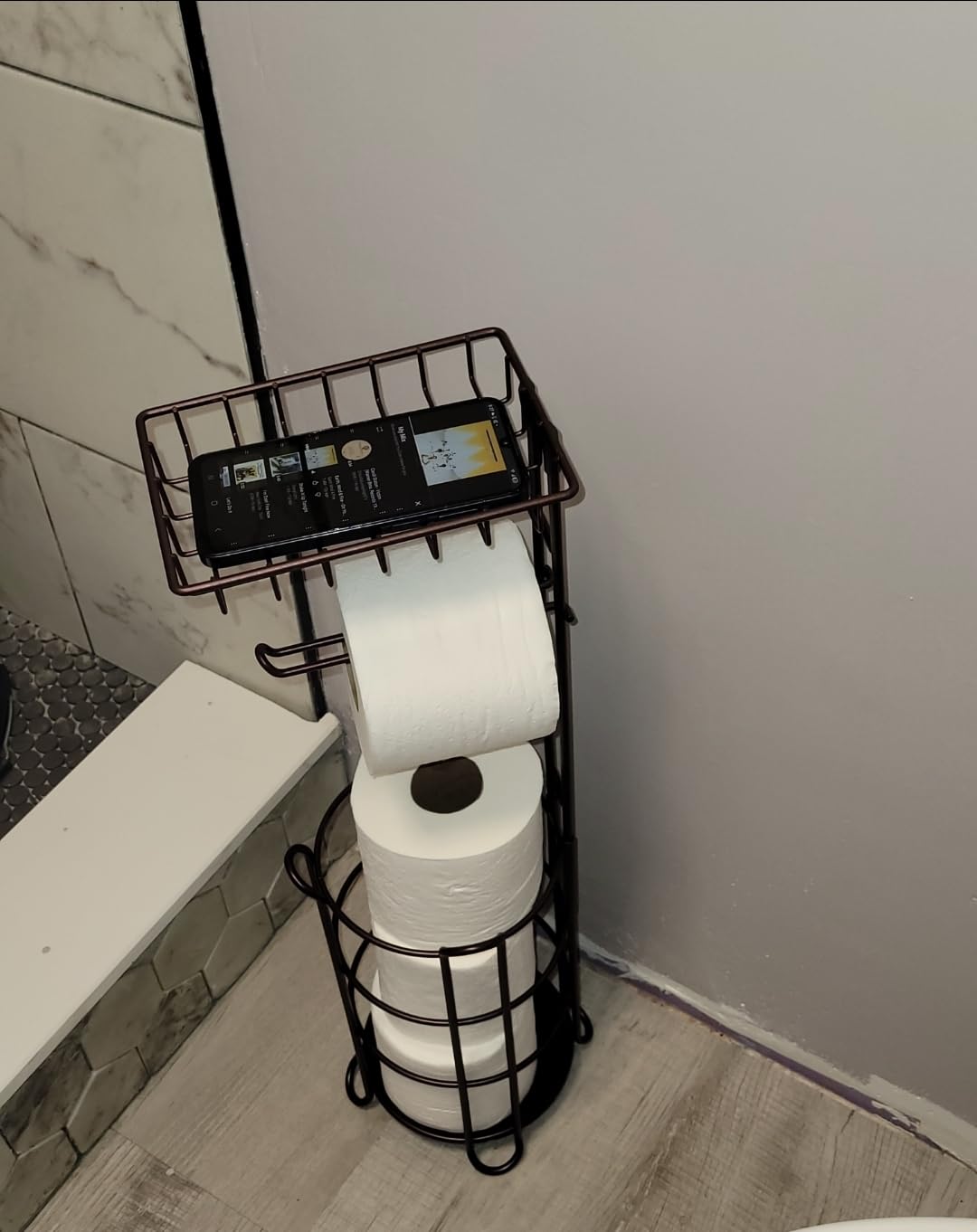 Toilet Paper Holder Stand Tissue Paper Roll Dispenser with Shelf for Bathroom Storage Holds Reserve Mega Rolls-Bronze customer photo 2
