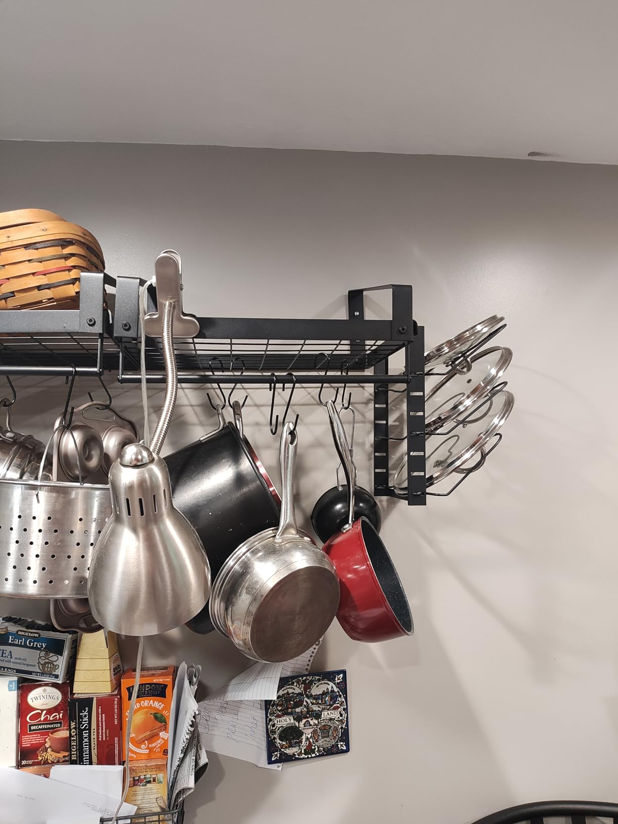 X-cosrack Pot Racks Wall Mounted Set of 2,with Towel Bar and Pots Pans Lids Organizer, Kitchen Cookware Hanging Shelves with 12 Hooks, Black customer photo 1