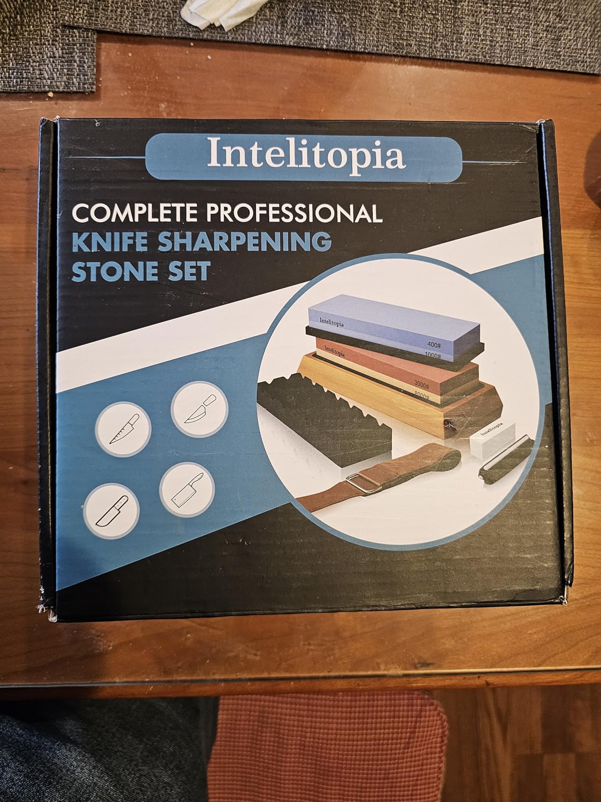 Intelitopia Complete Knife Sharpening Stone Set – Dual Grit Whetstone 400/1000 3000/8000 Knife Sharpener with Leather Strop, Flattening Stone, Bamboo Base, 3 Non-slip Rubber Bases & Angle Guide customer photo 1