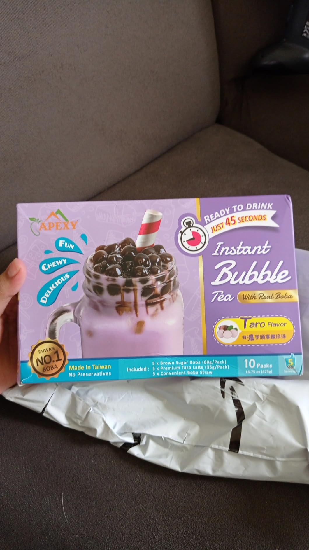 Bubble Tea COMPLETE SET. BEST DIY Boba/Bubble Tea Kit, Ready In 45 Seconds, 5 Packs Milk Tea Powder + 5 Packs Brown Sugar Tapioca Pearls+ 5 Bubble tea Straws By APEXY, Taro customer photo 2