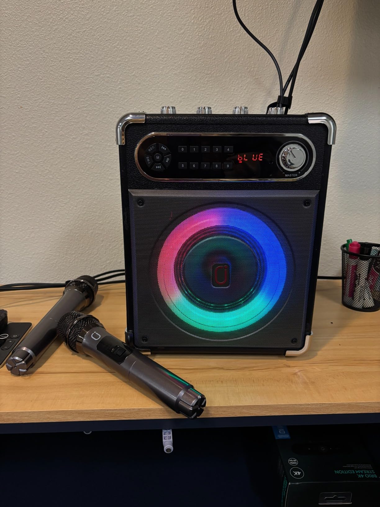 JYX Karaoke Machine with Two Wireless Microphones, Portable Bluetooth Speaker with Bass/Treble Adjustment, PA System with Remote Control, LED Lights,Supports TF Card/USB/AUX/TWS customer photo 2