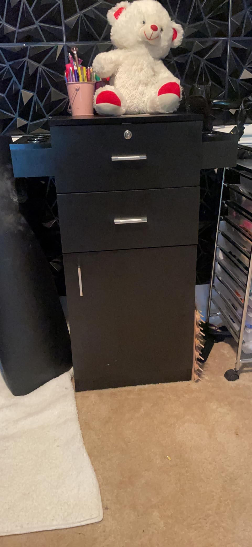 OmySalon Salon Stations for Hair Stylist, Beauty Salon Storage Cabinet, Hair Styling Equipement Set with a Large Storage Cabinet, 2 Drawers and 6 Hair Dryer Holders, Black customer photo 1