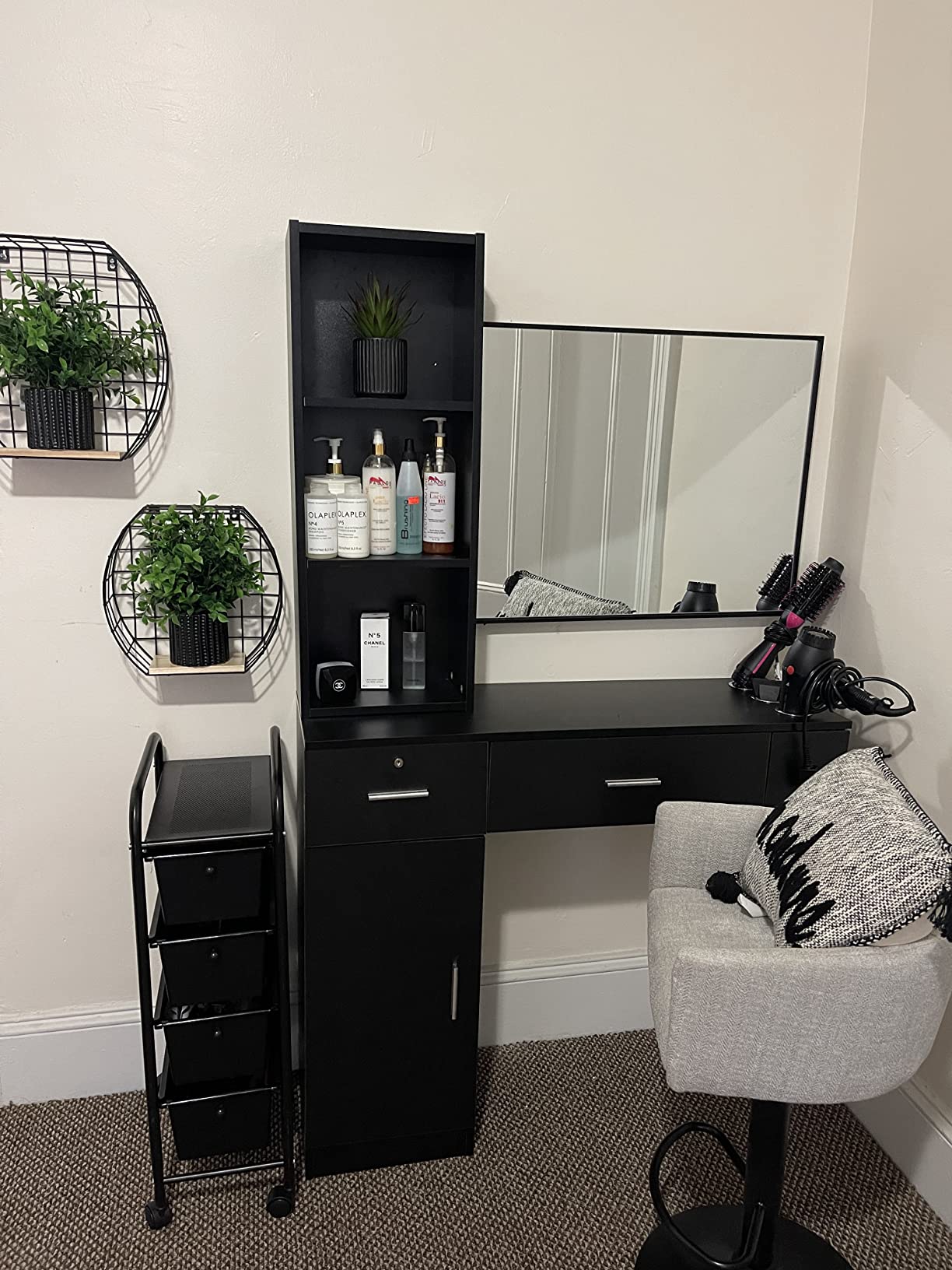 OmySalon Wall Mount Barber Stations, Salon Stations for Hair Stylist, Hair Styling Equipement Set with a Storage Cabinet, 2 Drawers and a 3 Tier Shelf (Black) customer photo 1