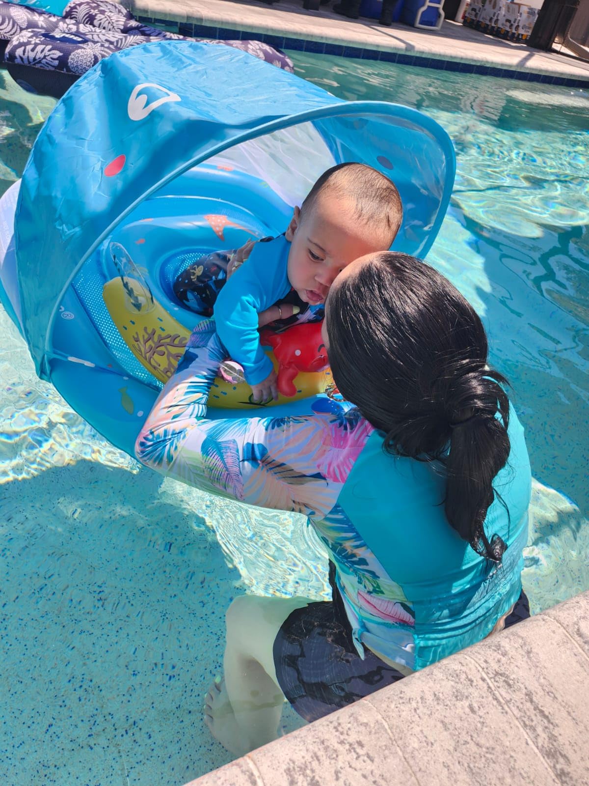 LAYCOL Baby Pool Float with Canopy UPF50+, 120°Adjustable Sun Protection and Anti-Tip Safety Seat, Inflatable Toddler Floaties Infant Pool Float with Animal Pool Toys, Baby Beach Essentials for 6-36M customer photo 2