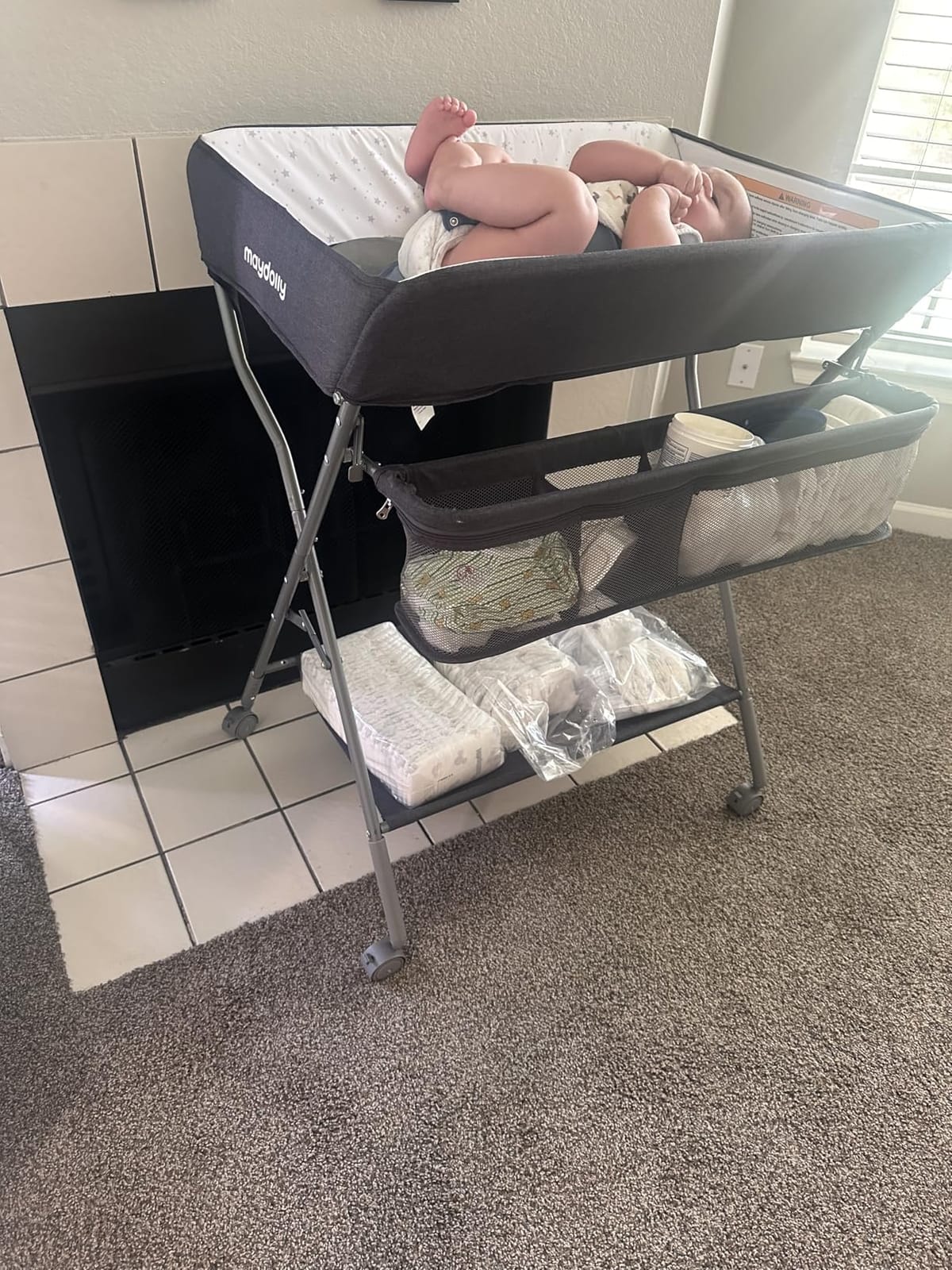 Baby Changing Table with Wheels, Maydolly Portable Adjustable Height Folding Diaper Station with Nursery Organizer & Storage Rack for Newborn Baby and Infant (Light Grey) customer photo 1