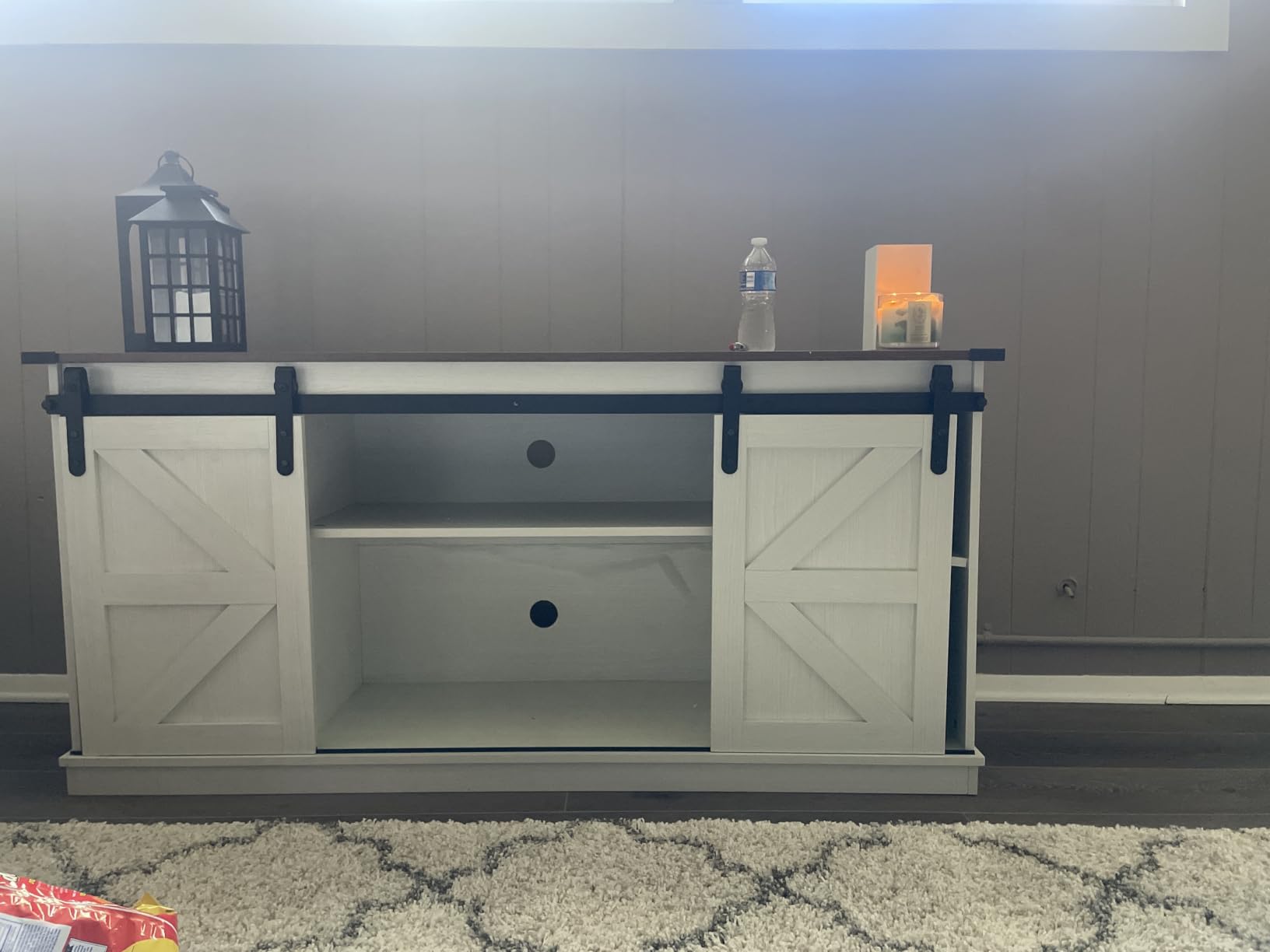 JUMMICO TV Stand for 65 Inch TV, Sliding Barn Doors, Bright White customer photo 2