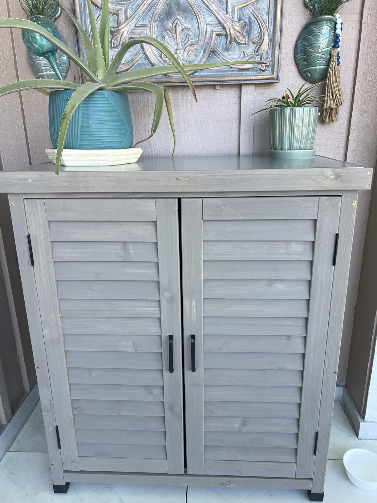 Outdoor Storage Cabinet & Potting Bench Table with Metal Top, Wooden Patio Furniture, Garden Workstation (Classic Grey, 36x31x17in) customer photo 1