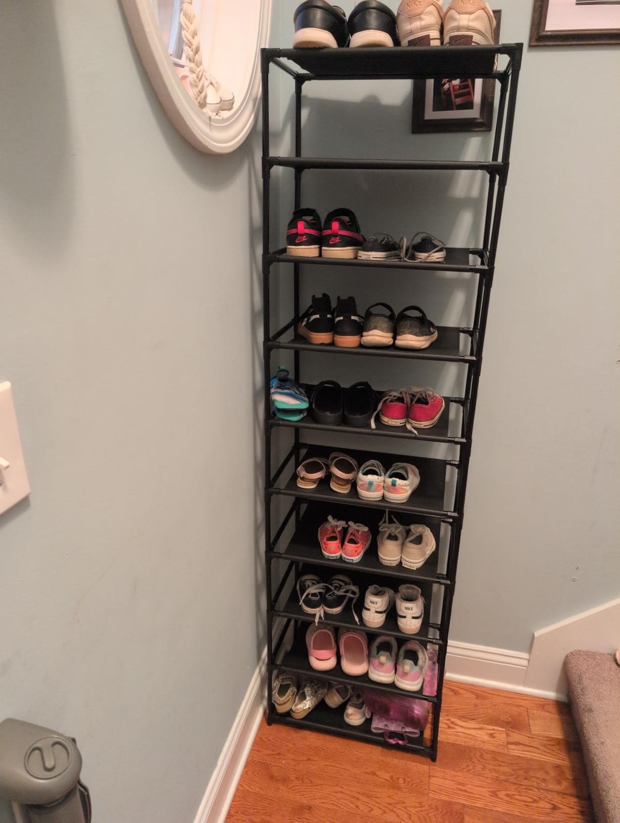 LANTEFUL 10 Tiers Tall Shoe Rack 20-25 Pairs Boots Organizer Storage Sturdy Narrow Shoe Shelf for Entryway, Closets with Hooks, Black customer photo 1