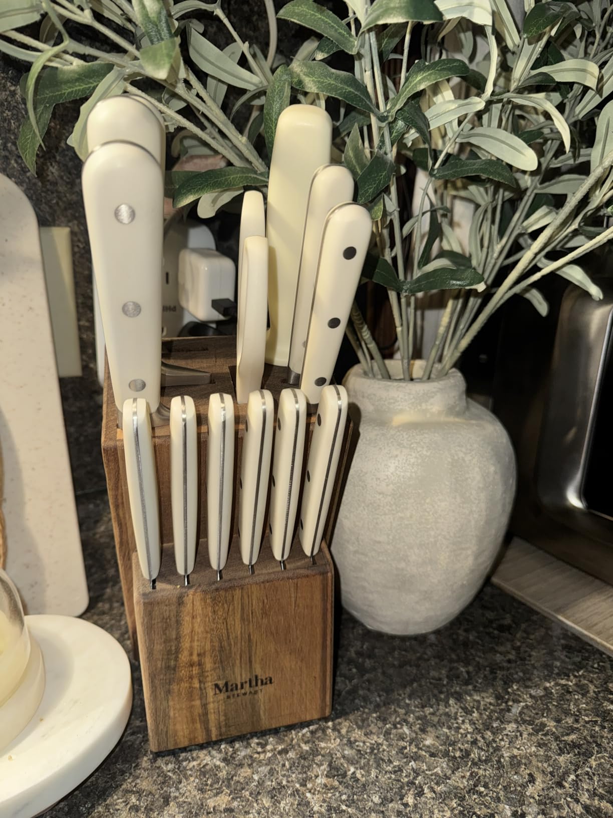 MARTHA STEWART Eastwalk 14 Piece High Carbon Stainless Steel Cutlery Kitchen Knife Block Set w/ABS Triple Riveted Forged Handle Acacia Wood Block - Linen White customer photo 2