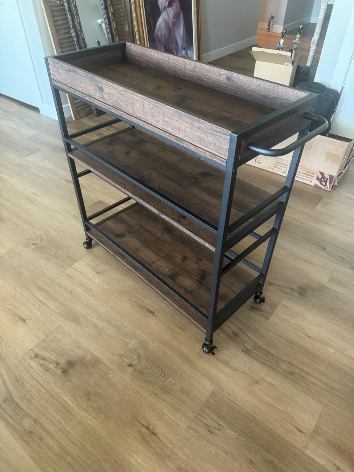 BON AUGURE Bar Cart for The Home, Rolling Home Bar Serving Cart on Wheels, 3 Tier Liquor Beverage Carts with Wine Rack and Glass Holder (Rustic Oak) customer photo 1