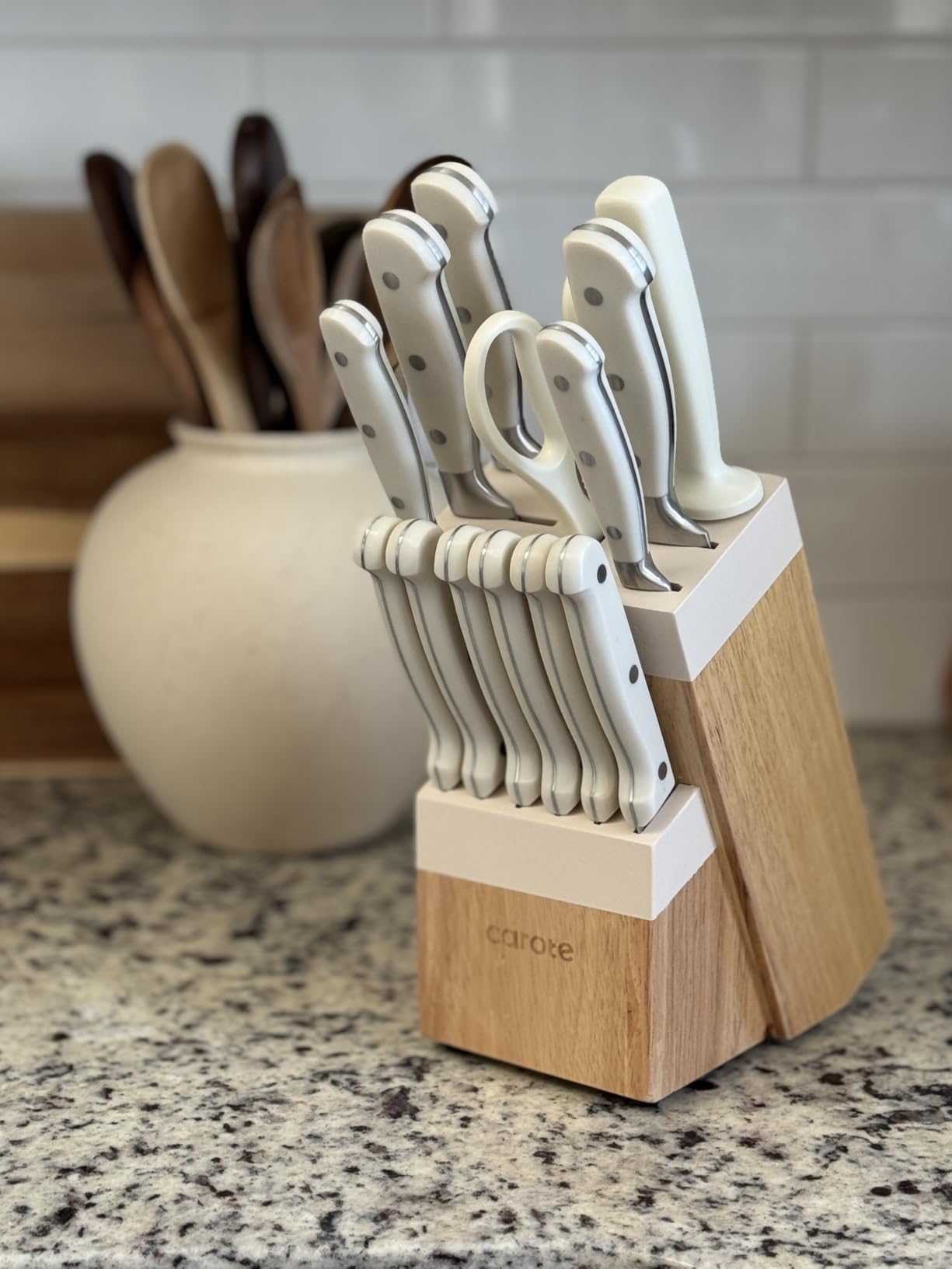 CAROTE 14-Piece Knife Set with Wood Block, Rust-Resistant, Cream customer photo 1