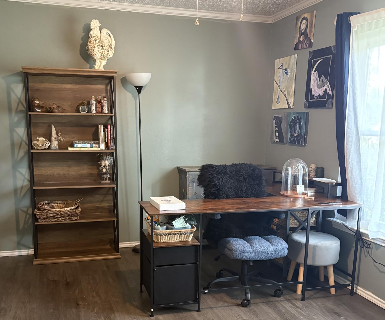 Furologee 66'' L Shaped Desk with Power Outlet and 2 Drawers, Rustic Brown customer photo 1