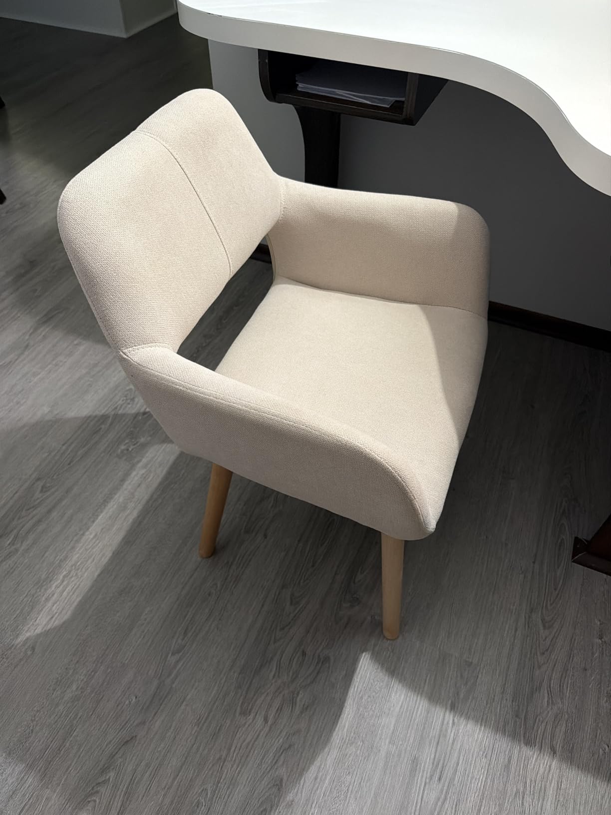 Desk Chair No Wheels Vanity Chair Makeup Chair Comfy Accent Chair for Living Dining Room Bedroom Home Office Mid Century Modern Upholstered Armchair Sofa with Wood Legs (Wool White, 1) customer photo 1