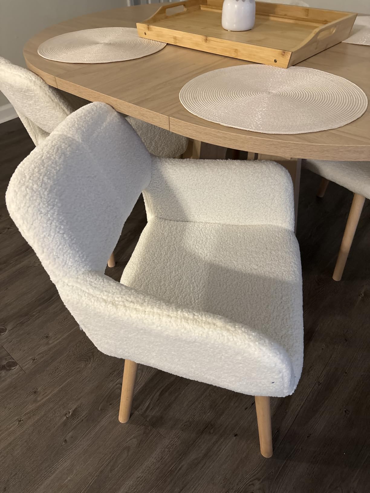Desk Chair No Wheels Vanity Chair Makeup Chair Comfy Accent Chair for Living Dining Room Bedroom Home Office Mid Century Modern Upholstered Armchair Sofa with Wood Legs (Wool White, 1) customer photo 2