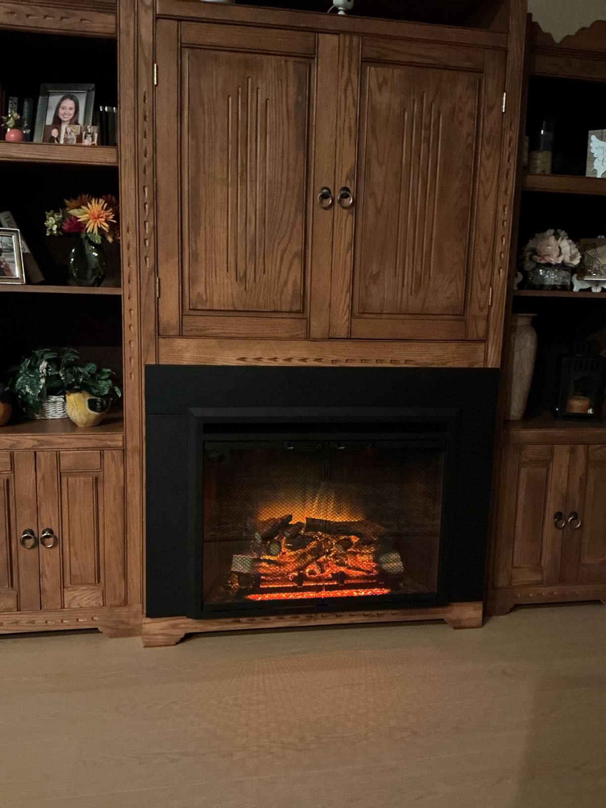 PuraFlame Klaus 33” Electric Fireplace Insert with Trim Kit, Fire Crackling Sound, Resin Log, Glass Door and Mesh Screen, 750/1500W Heater, Black customer photo 2