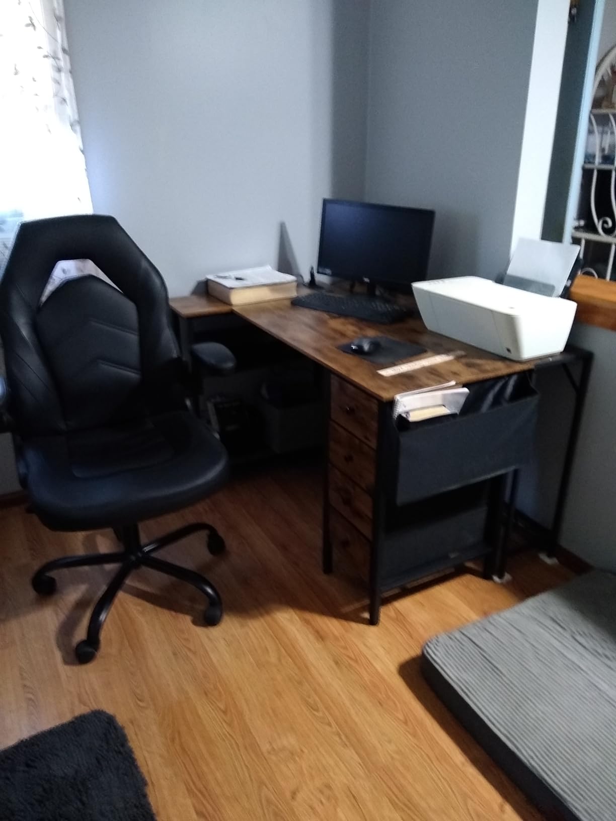Lufeiya White L Shaped Computer Desk with Drawers & Storage Shelves, 47 Inch Corner Reversible Desk with Power Outlet for Home Office Bedroom, L-Shaped Teen PC Desks with Fabric Drawer, White customer photo 2